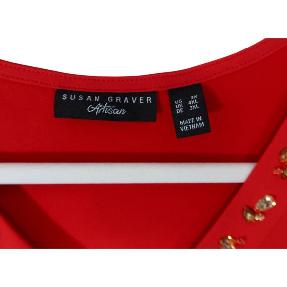 SUSAN GRAVER Artisan Liquid Knit Jeweled V Neck Tunic Top 3X Red Short Sleeve - Picture 5 of 7